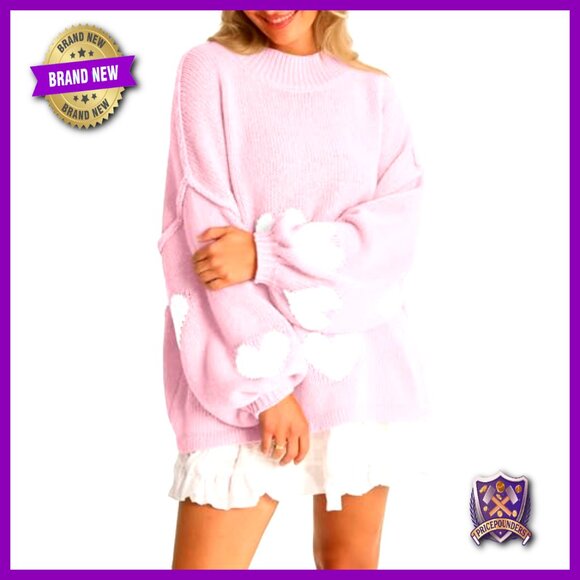 Oversized Heart Sweater Chunky Knit Mock Neck Long Sleeve Tunic Y2K - Picture 4 of 7